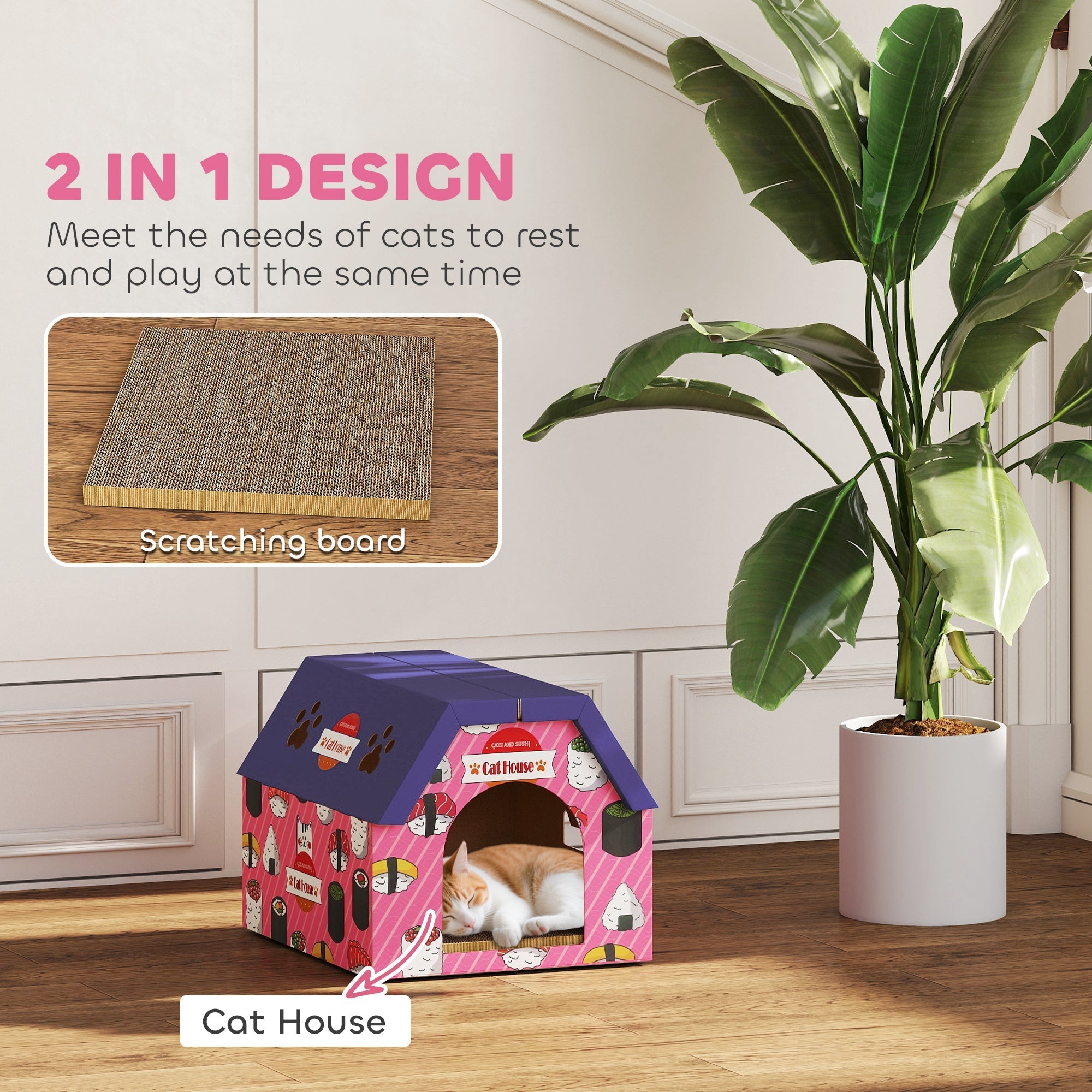Pink and purple pawhut cat house with sushi design blue roof paw print accents and attached corrugated cardboard scratching board