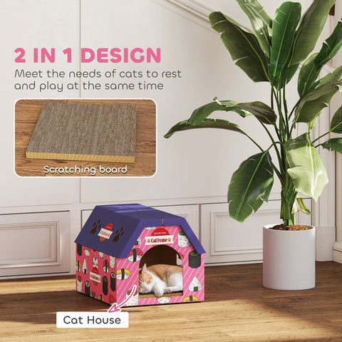 Pink and purple pawhut cat house with sushi design blue roof paw print accents and attached corrugated cardboard scratching board