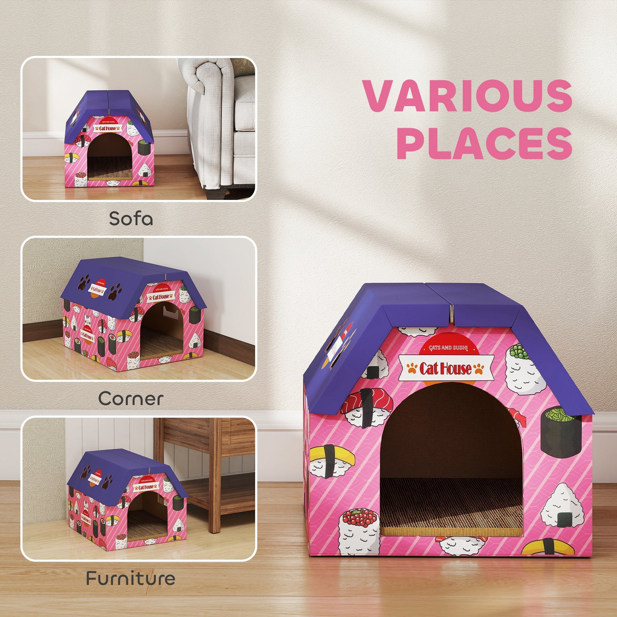 Pink and purple sushi-themed cardboard cat house with corrugated cardboard base pawhut cat scratching board