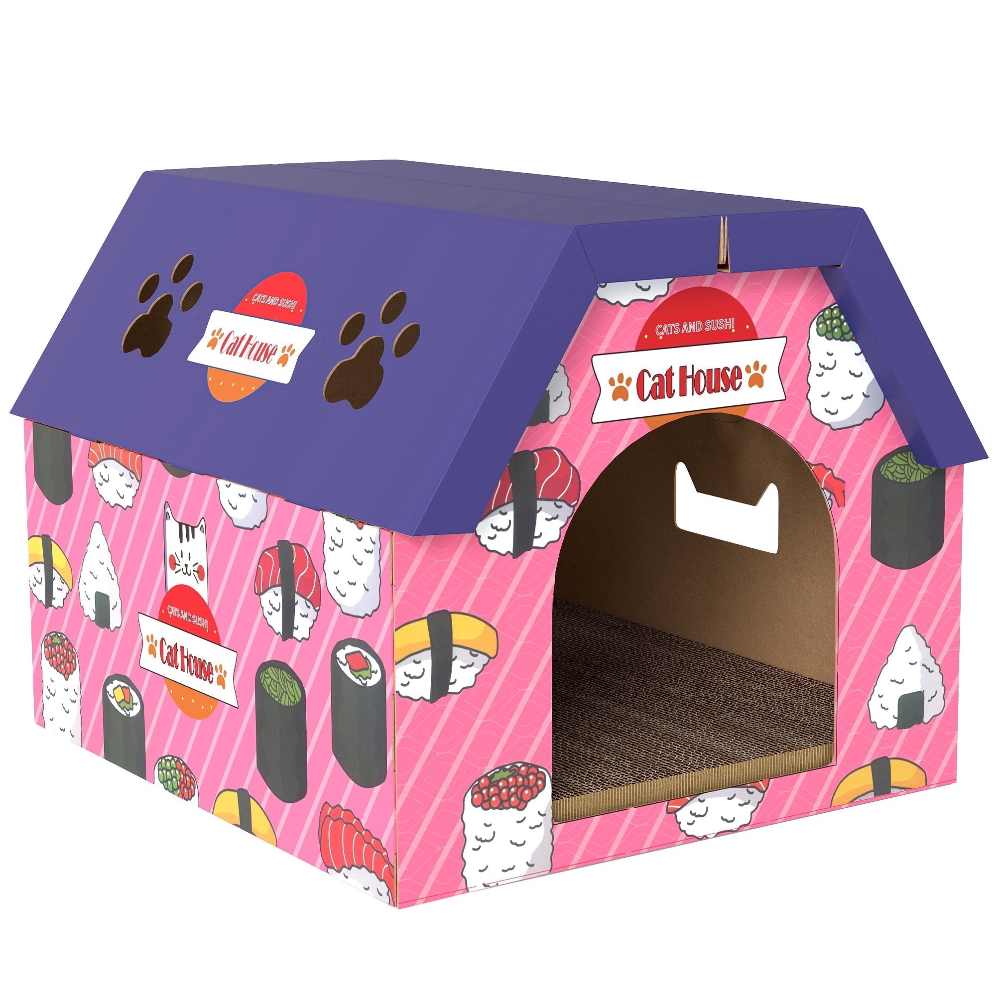 Pink and purple sushi-themed pawhut corrugated cardboard cat house and scratching board for indoor cats