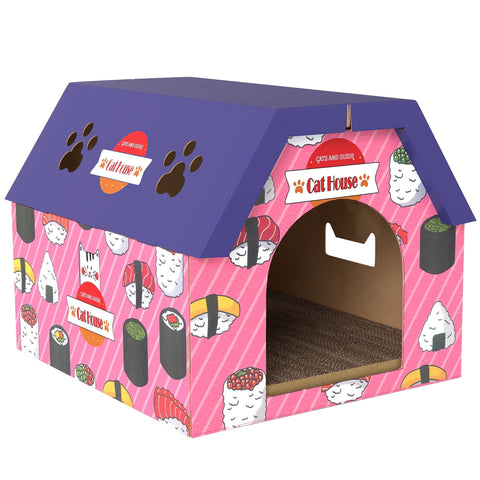 Pink and purple sushi-themed pawhut corrugated cardboard cat house and scratching board for indoor cats