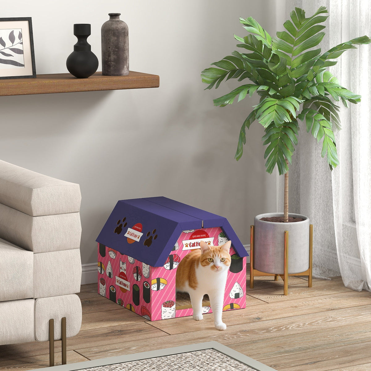Pink and purple pawhut cardboard cat house with sushi pattern blue roof and paw prints 2-in-1 corrugated cat house