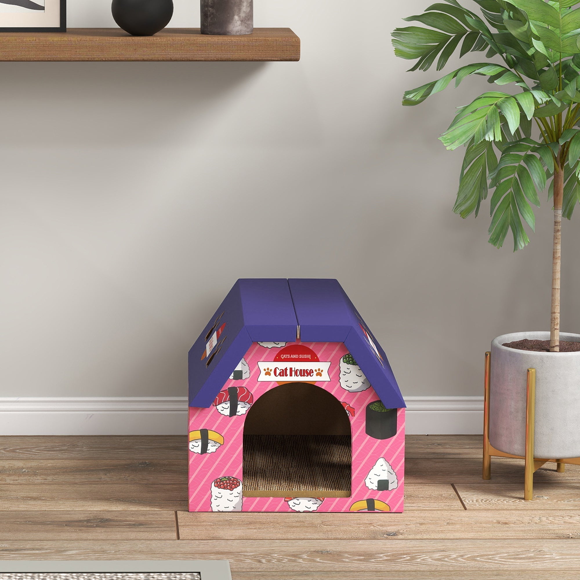 Pawhut pink sushi-themed cat house made of corrugated cardboard with cartoon sushi designs and a cardboard roof