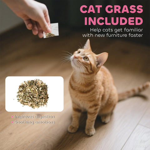 A small packet of dried cat grass alongside a pink pawhut cardboard cat house with corrugated cardboard panels