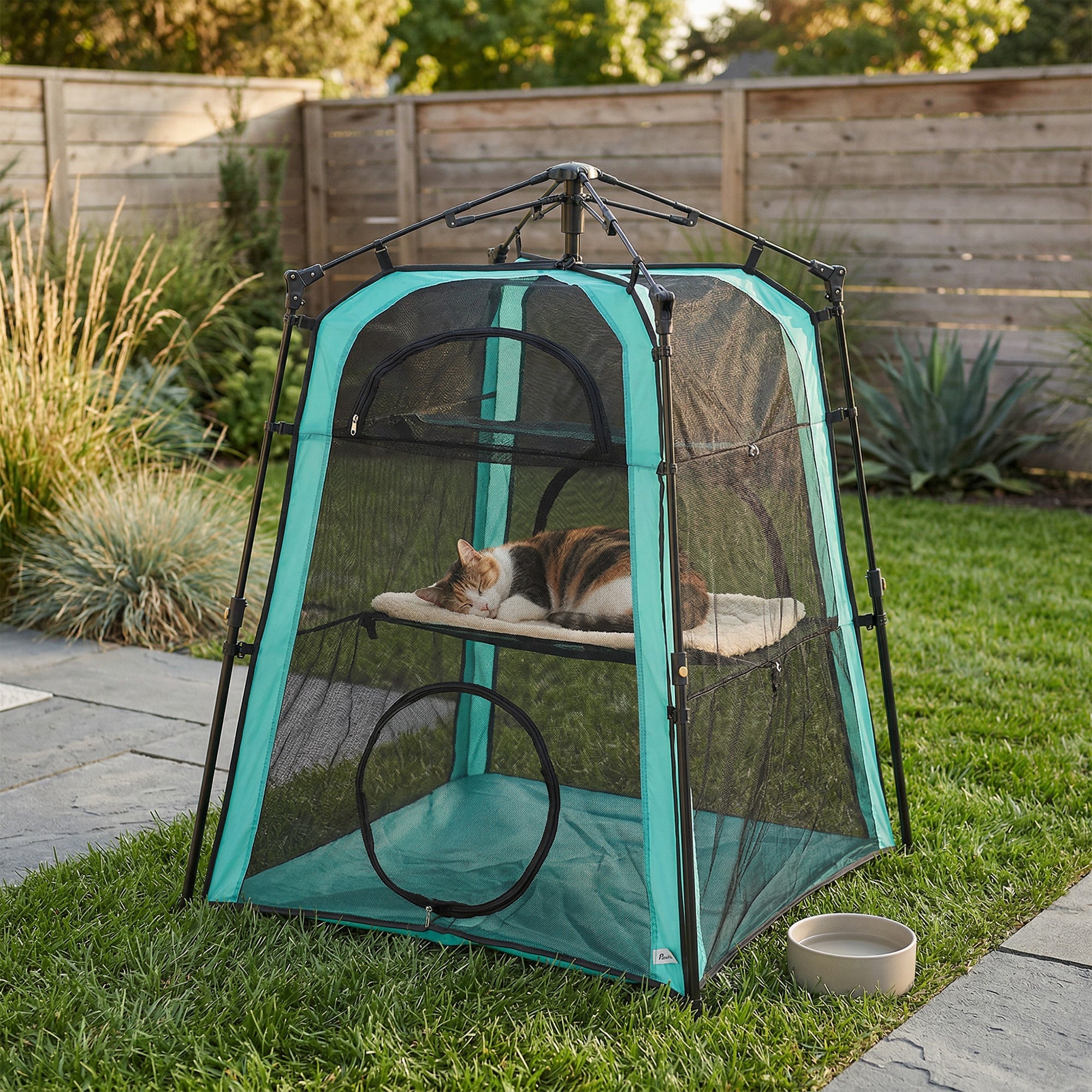Teal mesh cat tent with black frame and cozy resting platform 96w x 96d perfect for indoor outdoor use