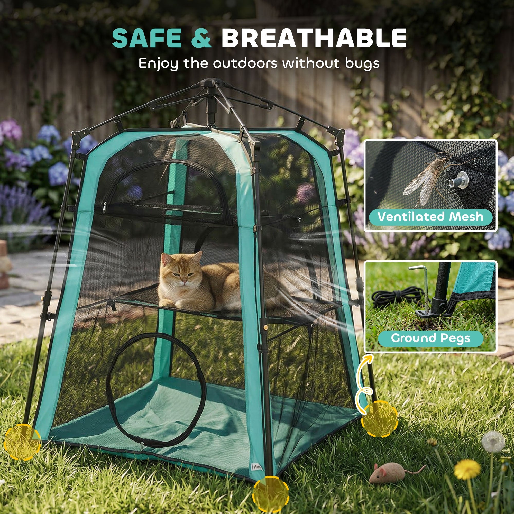 Teal and black ventilated mesh cat tent with ground pegs for outdoor cat use 96w x 96d by pawhut
