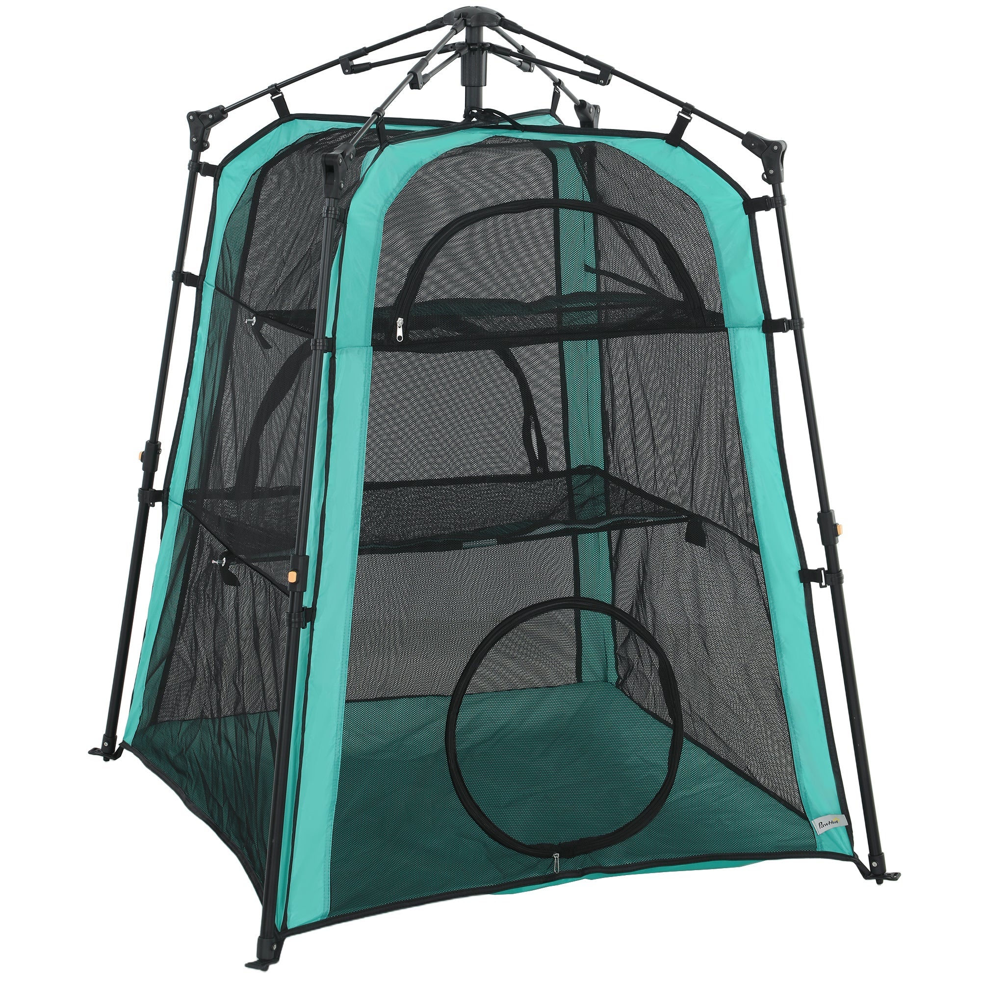 Teal and black mesh pawhut cat tent with adjustable shelves and circular tunnel 96w x 96d for outdoor cat use