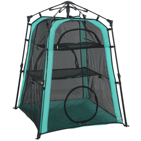 Teal and black mesh pawhut cat tent with adjustable shelves and circular tunnel 96w x 96d for outdoor cat use
