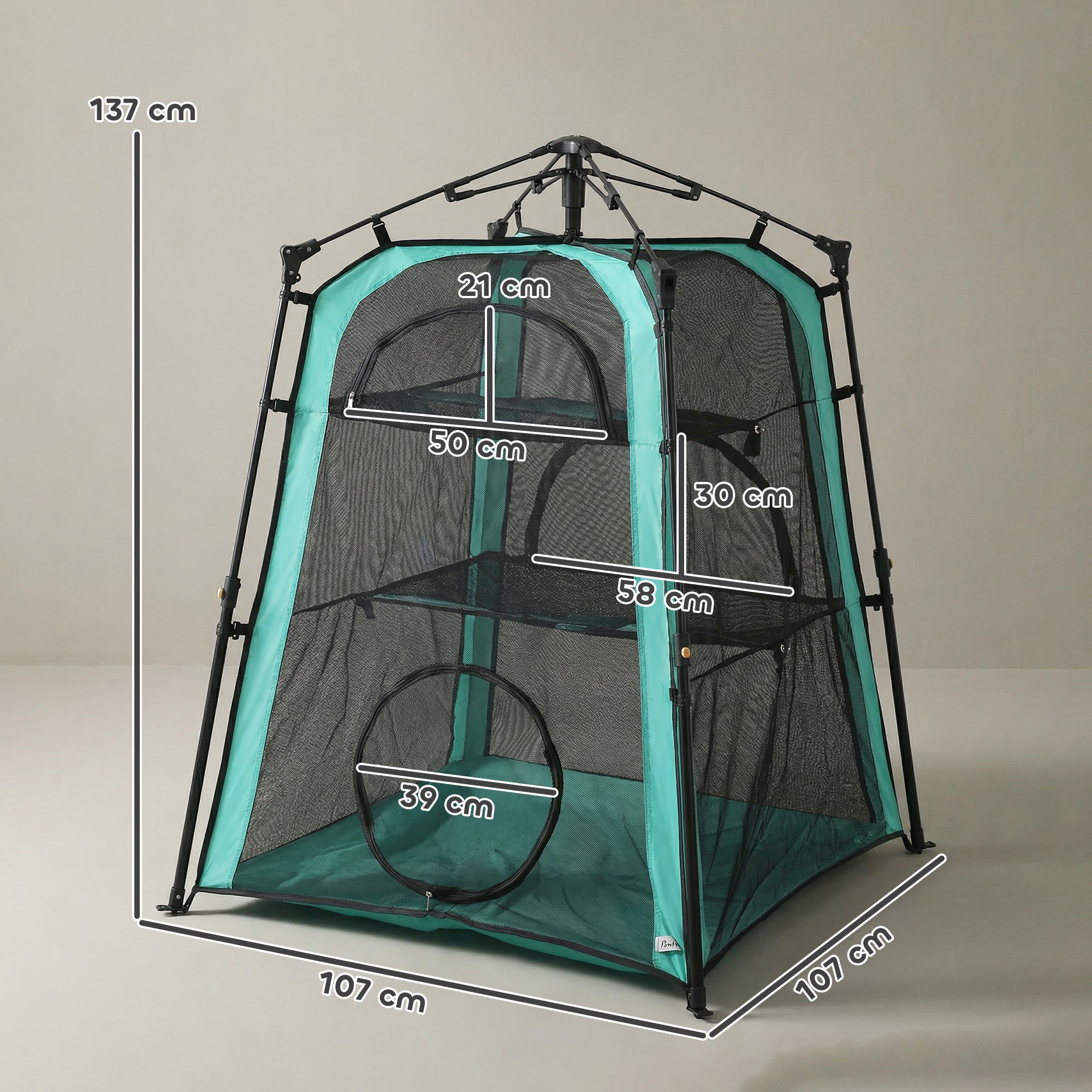 Teal and black mesh cat tent with adjustable height frame 96w x 96d perfect for outdoor cat play and rest