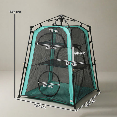 Teal and black mesh cat tent with adjustable height frame 96w x 96d perfect for outdoor cat play and rest