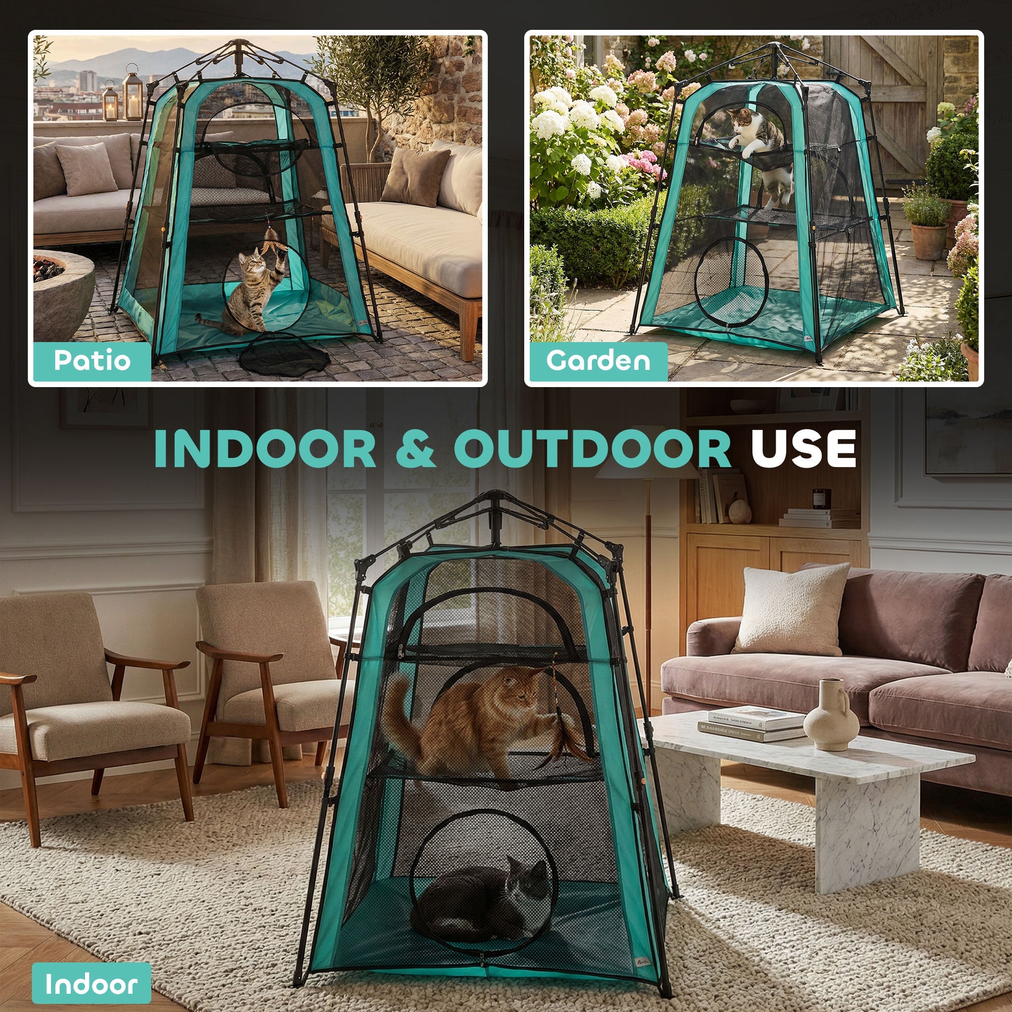 Teal and black pawhut cat tent with mesh sides and circular entrance 96w x 96d portable outdoor cat enclosure