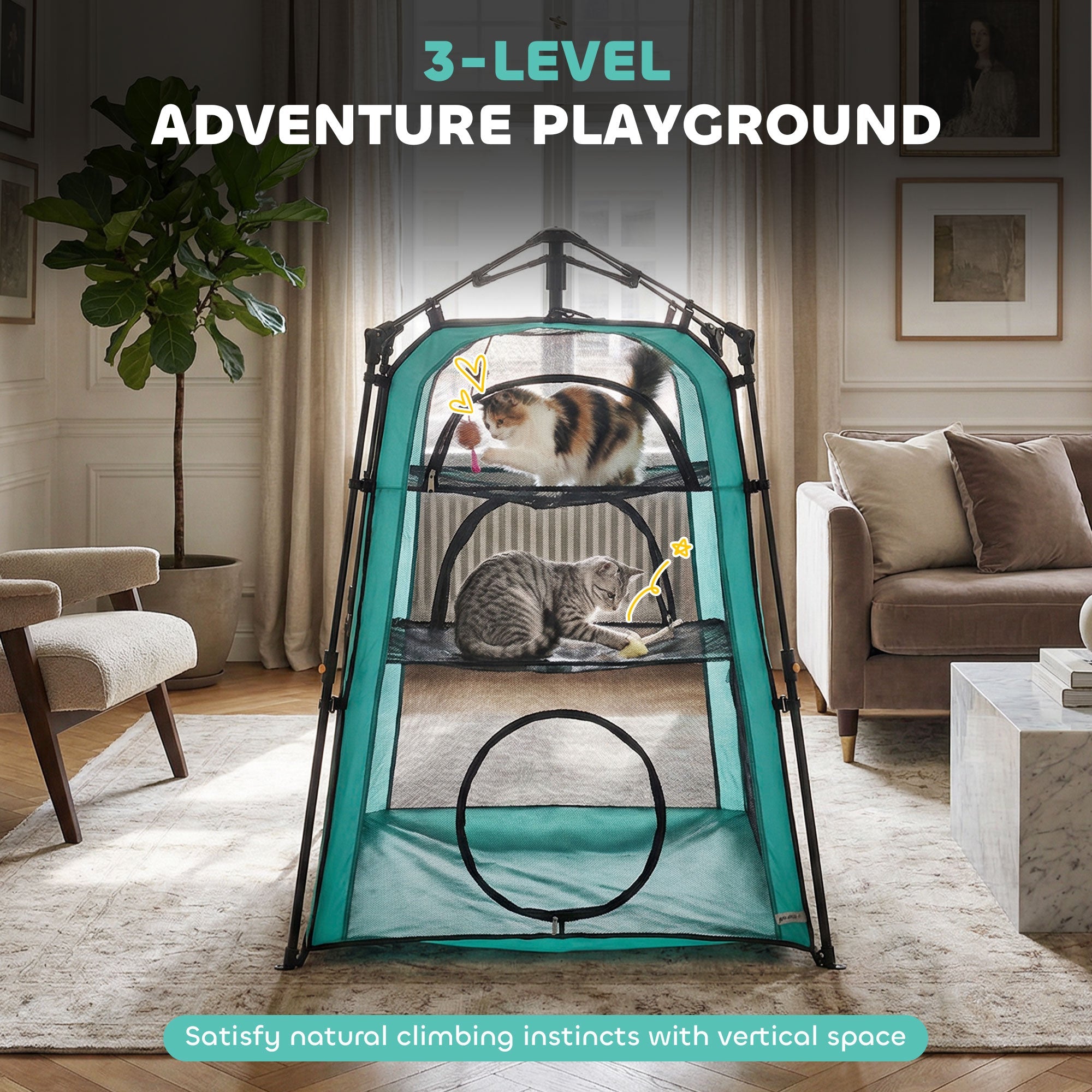 Teal and black 3-tier pawhut cat tent with mesh panels and circular tunnel for indoor outdoor use 96w x 96d