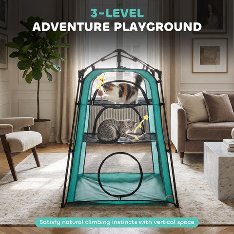 Teal and black 3-tier pawhut cat tent with mesh panels and circular tunnel for indoor outdoor use 96w x 96d