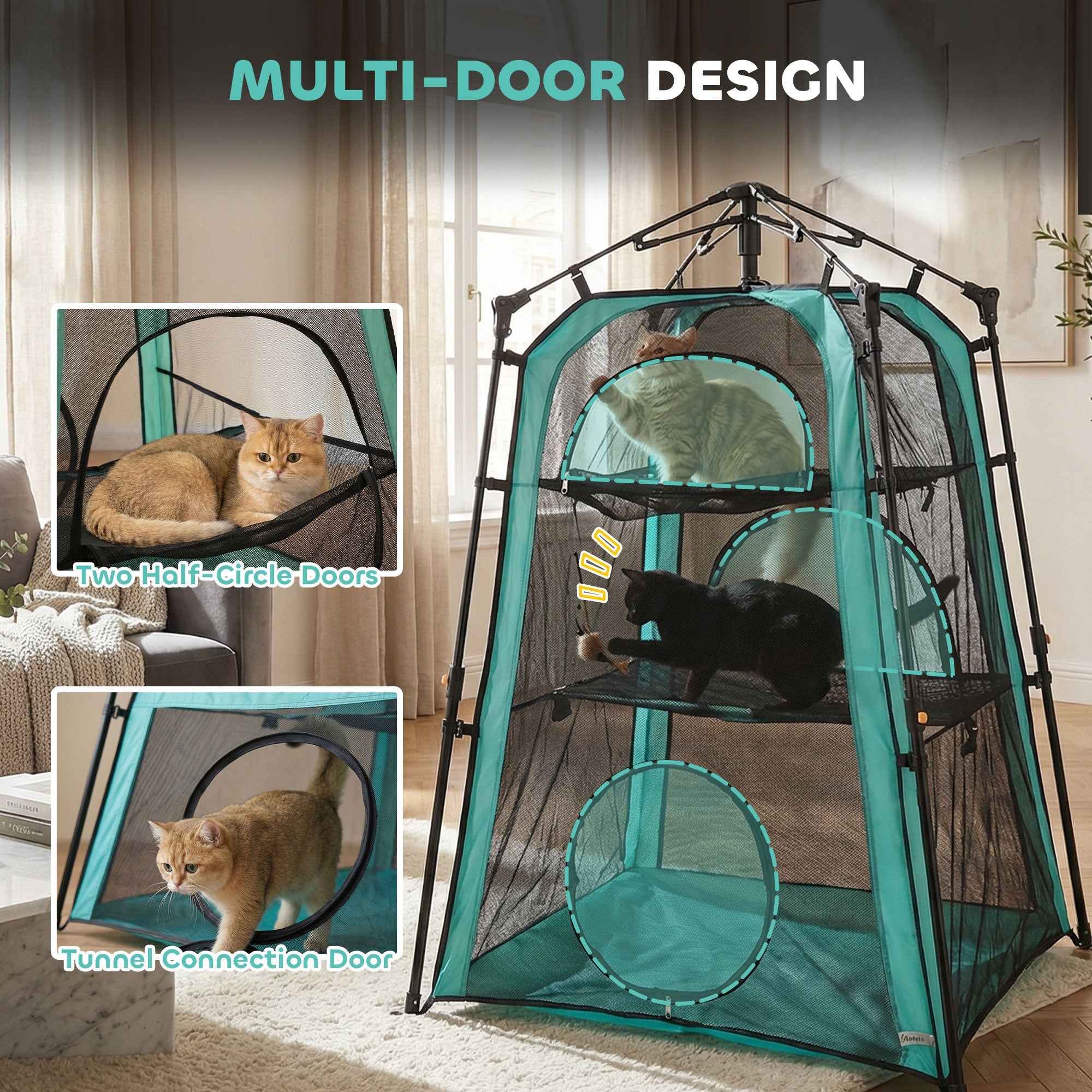 Teal and black pawhut cat tent with mesh panels and 3-tier design for indoor outdoor use 96w x 96d