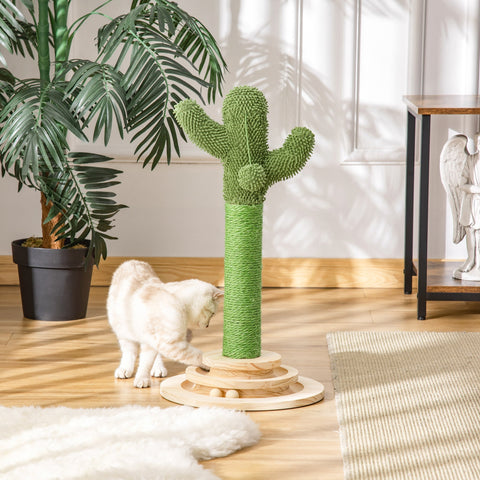 Green cactus cat tree with sisal scratching post wooden base and fun hanging ball for indoor cat play
