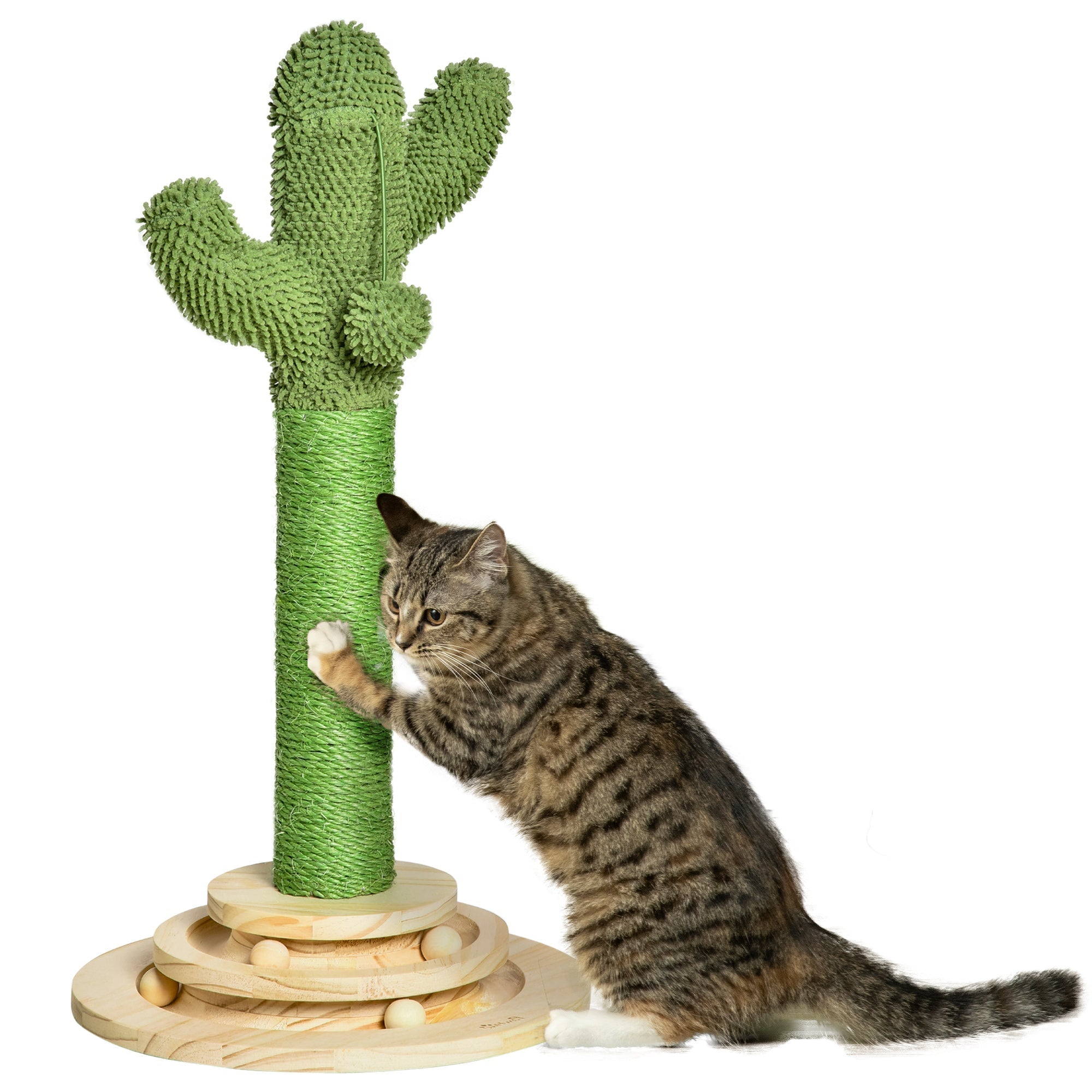 Green cactus-shaped pawhut cat tree with sisal scratching post and funny cat ball hanging for indoor cats play