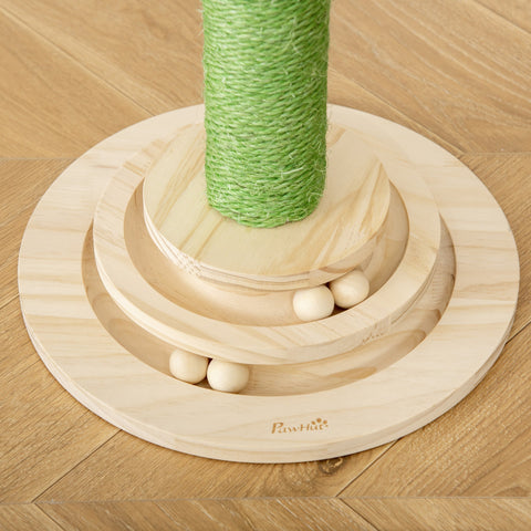 Light wood pawhut cat tree scratching post with green sisal rope and hanging ball for funny cat ball play