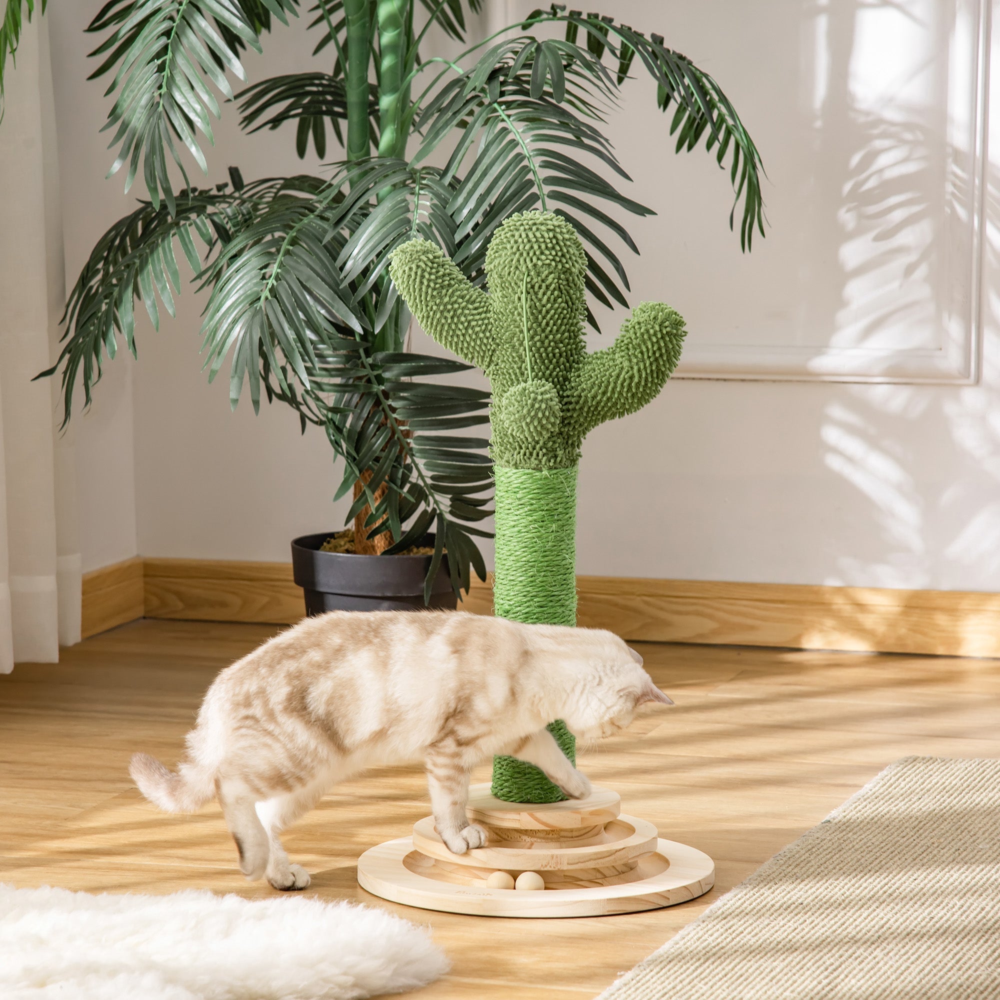 Pawhut green cactus cat tree with sisal scratching post wooden base and funny cat ball hanging ball for indoor cats