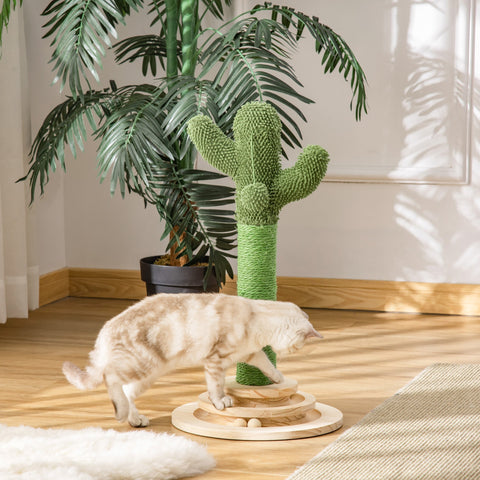 Pawhut green cactus cat tree with sisal scratching post wooden base and funny cat ball hanging ball for indoor cats