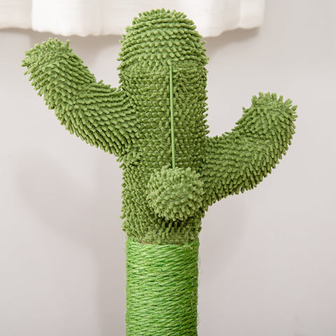 Green fuzzy cactus-shaped cat tree with hanging ball and rope-wrapped base for funny cat ball play and scratching
