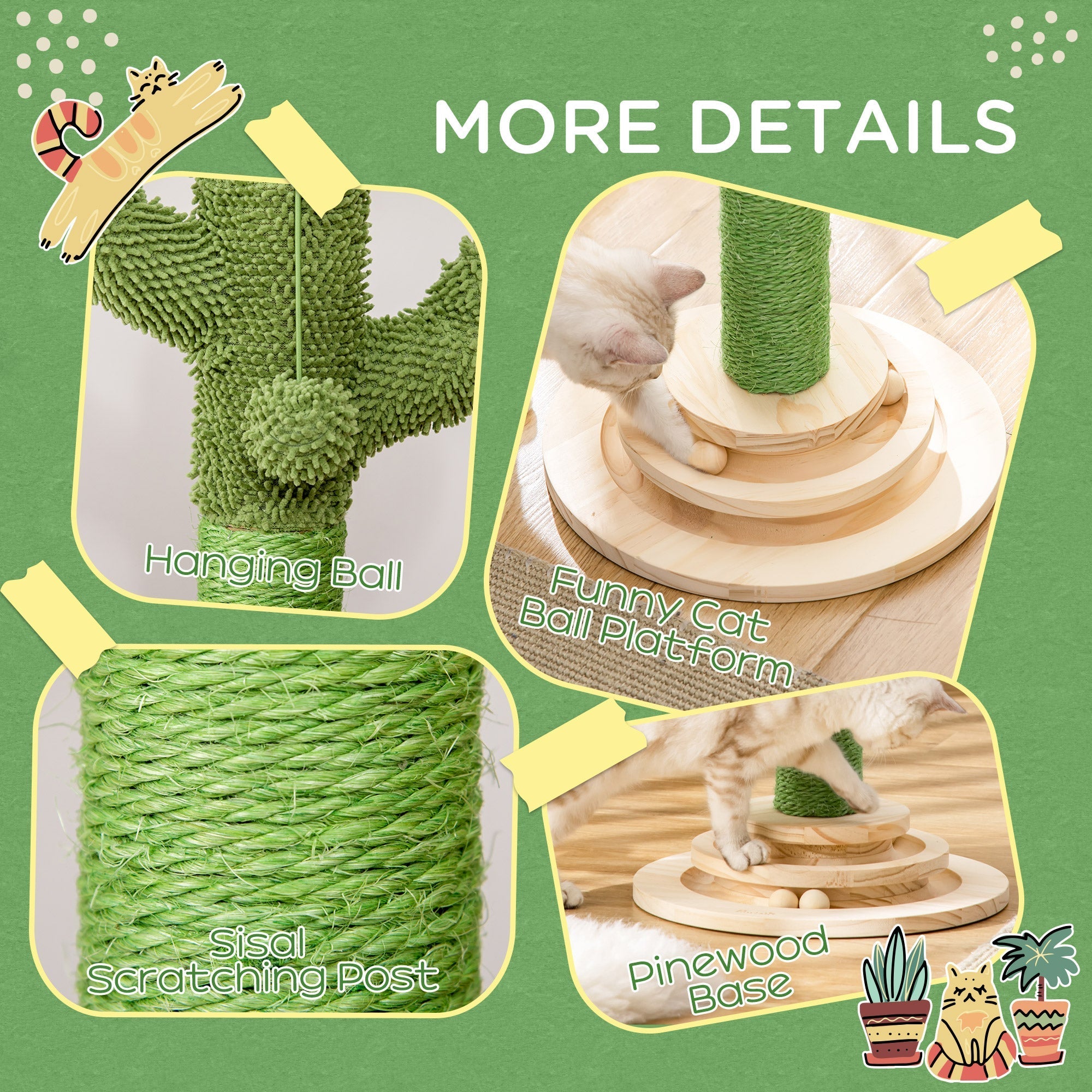 Green sisal cat tree with hanging ball and wooden base for indoor kitten play and funny cat ball fun exercises