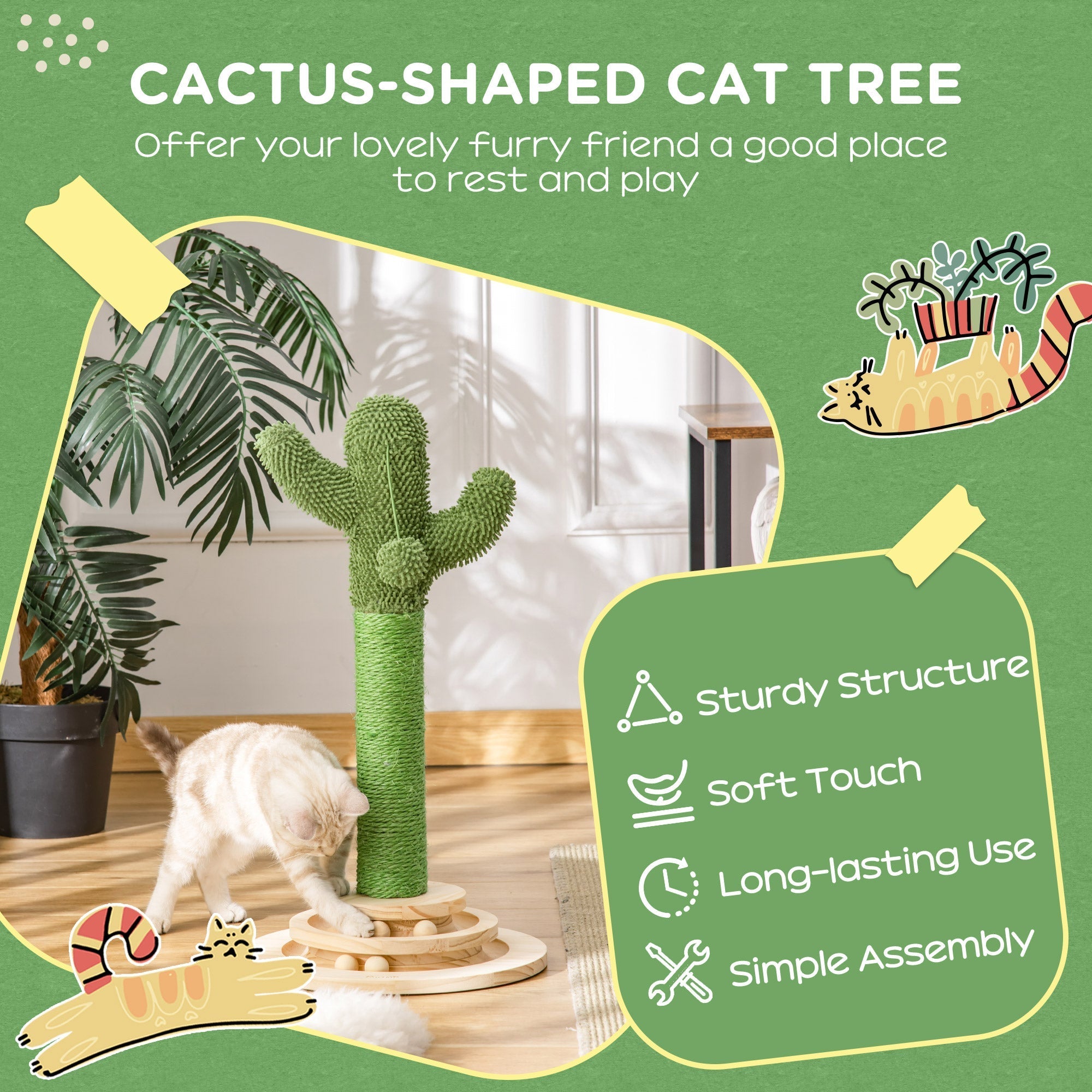 Green cactus-shaped pawhut cat tree with sisal scratching post wooden base and funny cat ball hanging ball toy
