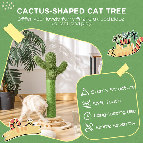 Green cactus-shaped pawhut cat tree with sisal scratching post wooden base and funny cat ball hanging ball toy
