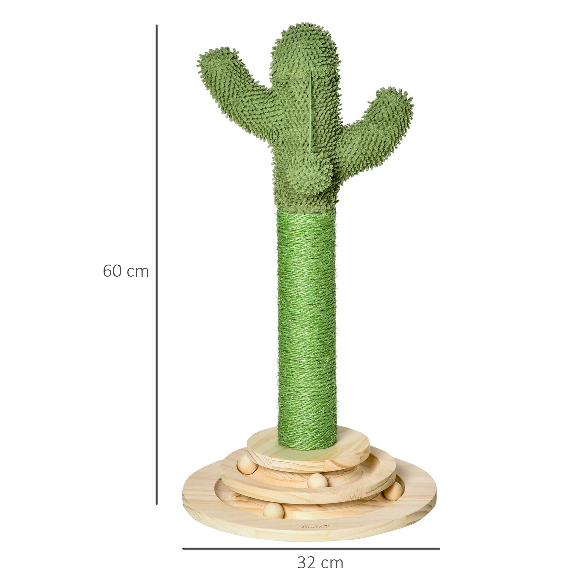 Green cactus-shaped pawhut cat tree with sisal scratching post hanging ball and funny cat ball on wooden base