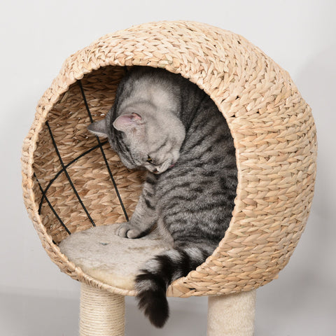 Beige woven wicker pawhut cat house with soft cushioned interior for indoor cats 48l x 40w kitten climbing tower