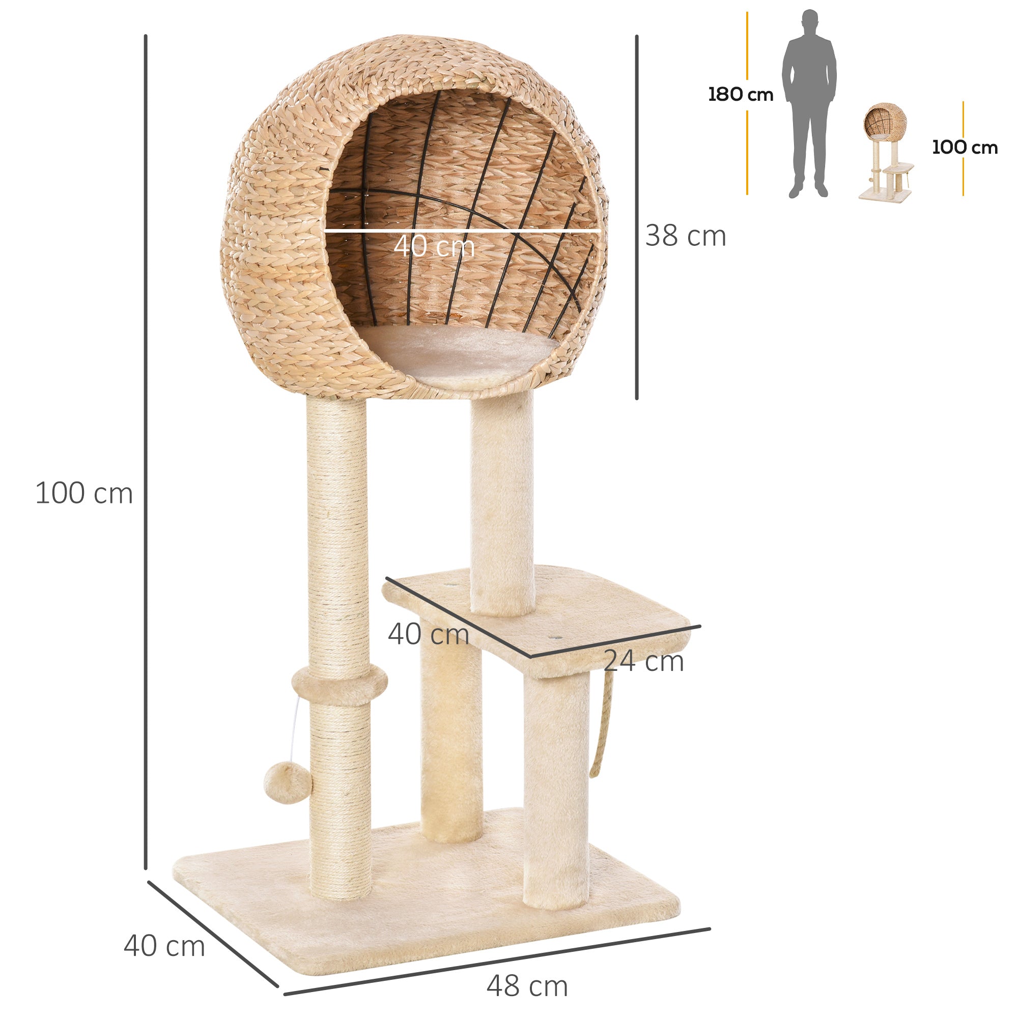 Beige woven wicker pawhut cat tree 48l x 40w with sisal scratching posts and spherical perch for indoor cats