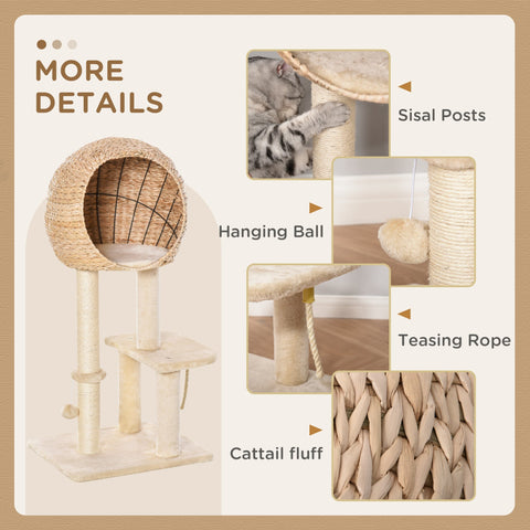 Beige woven wicker pawhut cat tree 48l x 40w with sisal posts and cattail fluff for indoor cats climbing and scratching