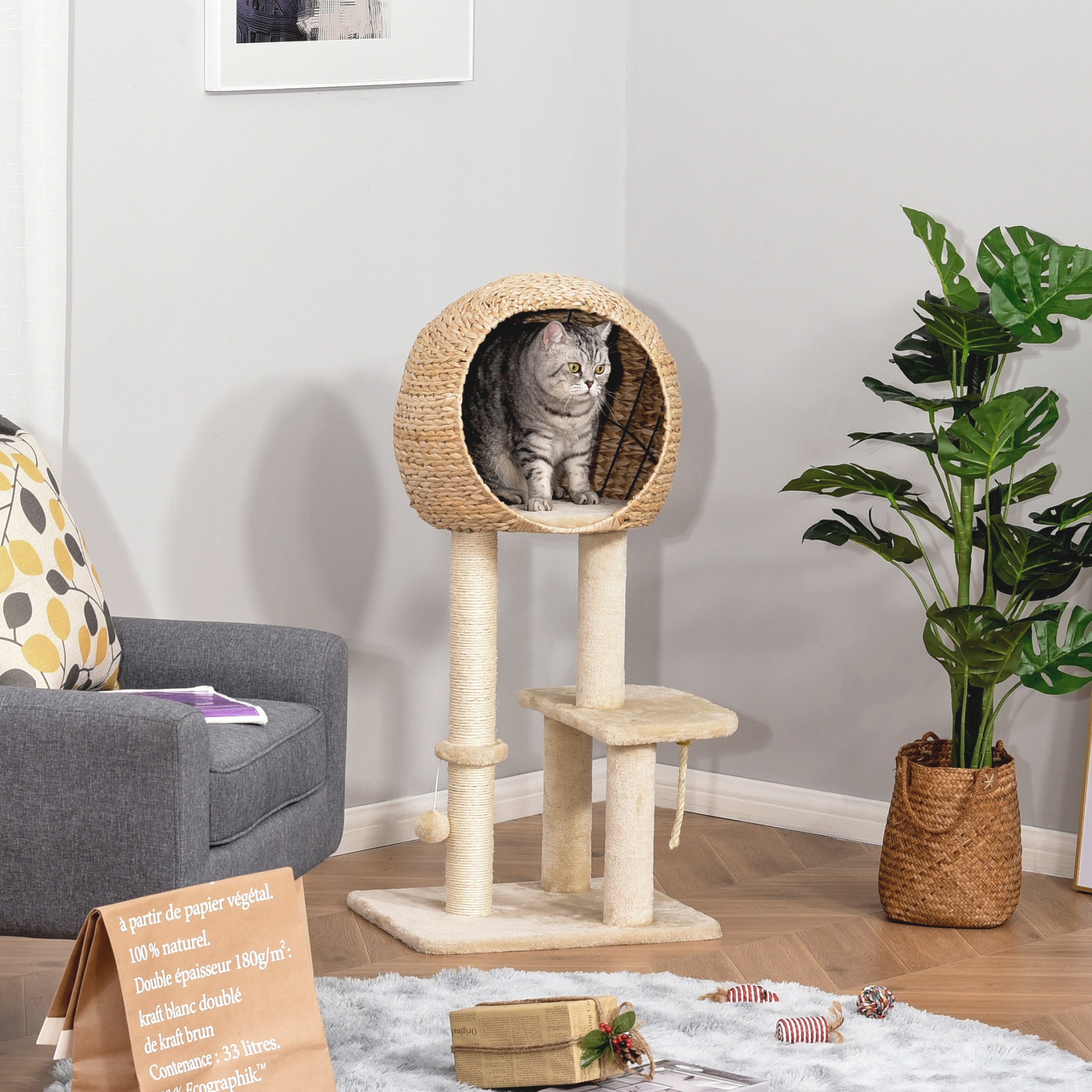 Beige woven pawhut cat tree 48l x 40w with hammock top and sisal scratching posts for indoor cats