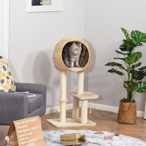 Beige woven pawhut cat tree 48l x 40w with hammock top and sisal scratching posts for indoor cats