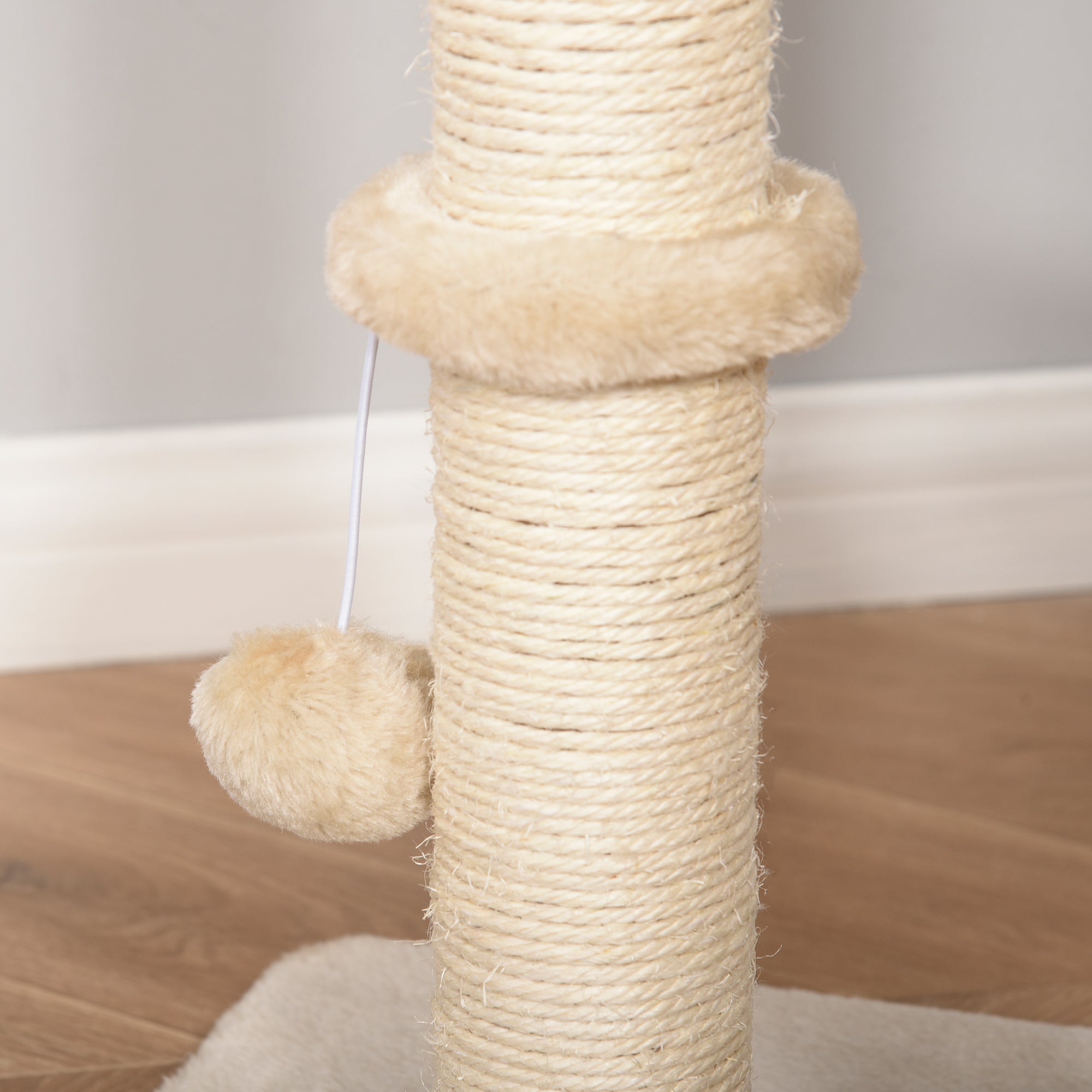 Beige sisal-wrapped pawhut cat scratching post with fuzzy pom-pom toy for indoor cats 48l x 40w climbing tower