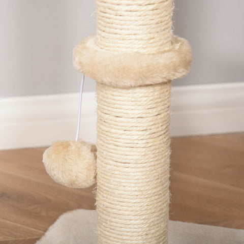 Beige sisal-wrapped pawhut cat scratching post with fuzzy pom-pom toy for indoor cats 48l x 40w climbing tower