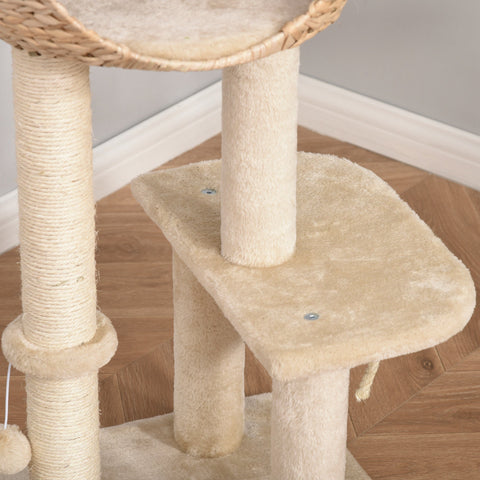 Beige woven wicker pawhut cat tree for indoor cats with sisal rope scratching posts and plush carpeted platforms 48l x 40w