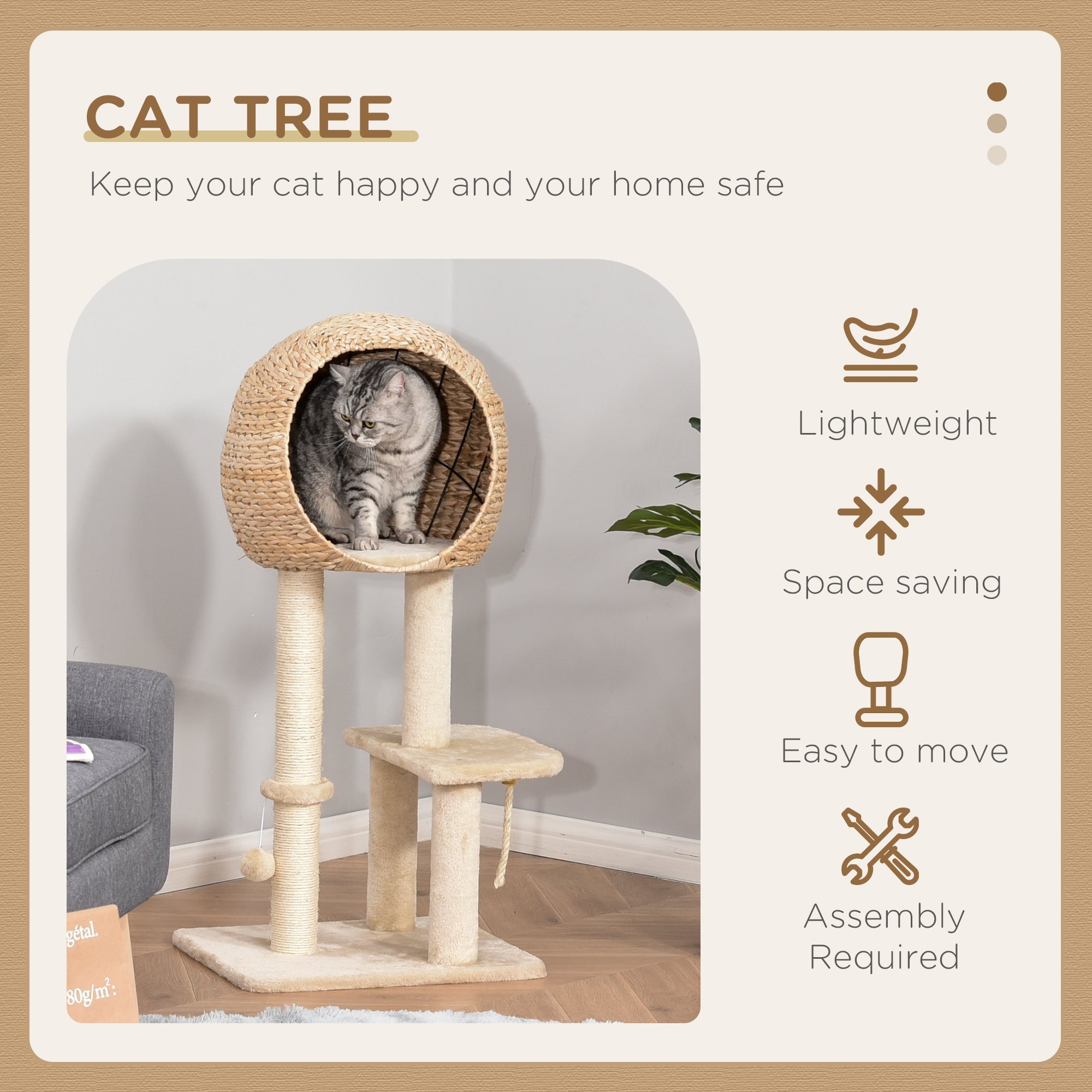 Beige woven pawhut cat tree for indoor cats with hammock top and sisal scratching posts 48l x 40w
