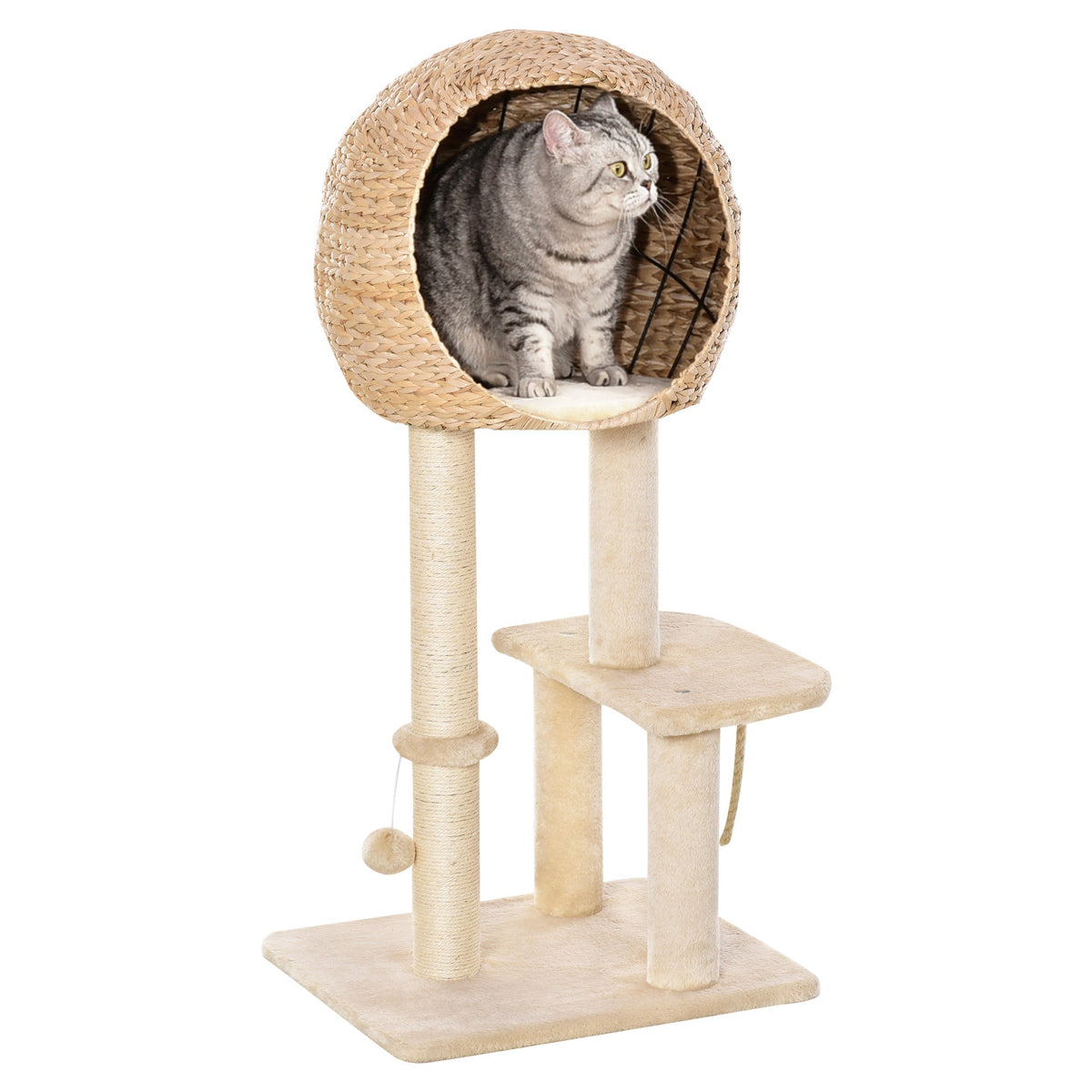 Beige woven wicker pawhut cat tree 48l x 40w with rounded hideaway and sisal scratching posts for indoor cats