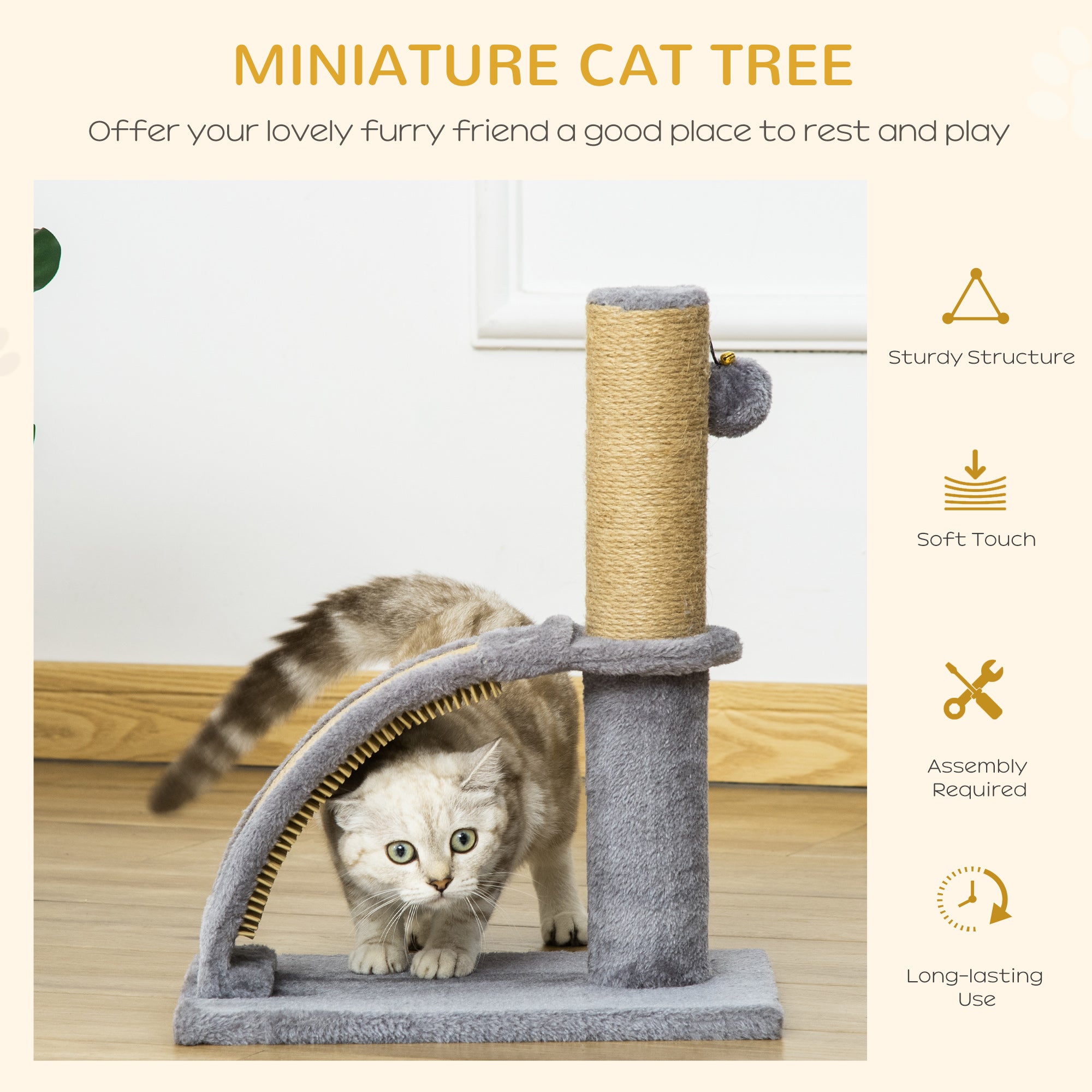 Gray pawhut cat tree with jute scratching massage board hanging ball and soft tunnel for indoor cats to play in
