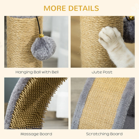 Gray plush hanging ball with golden bell attached by black string on pawhut cat tree scratching massage board