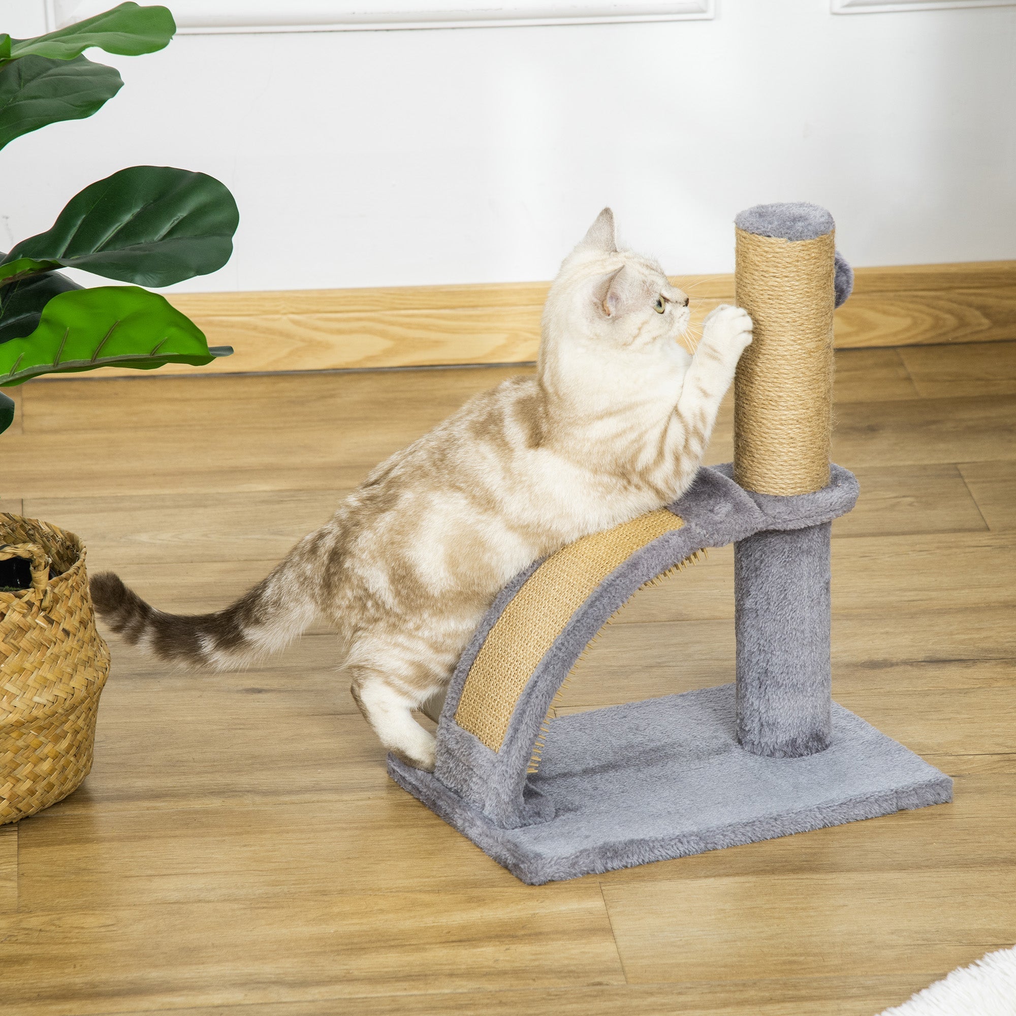 Gray pawhut cat tree with sisal rope scratching massage board plush base and hanging ball for indoor cats