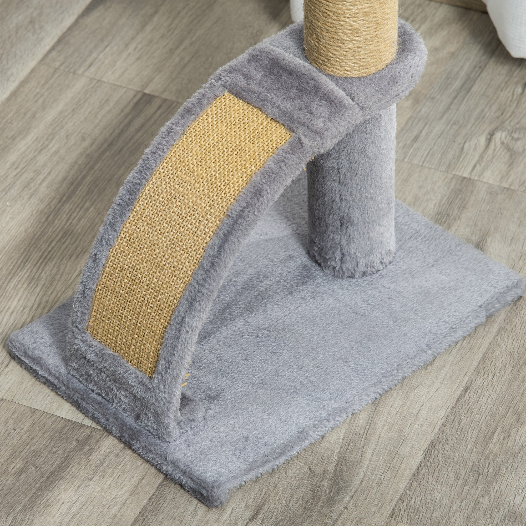 Gray pawhut cat tree with curved sisal rope scratching massage board and hanging ball for indoor cats