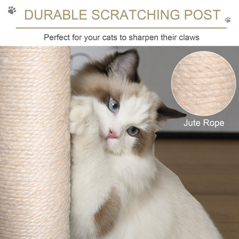 Beige jute rope scratching post on pawhut grey cat tree with hanging rope for indoor cats and kittens large house