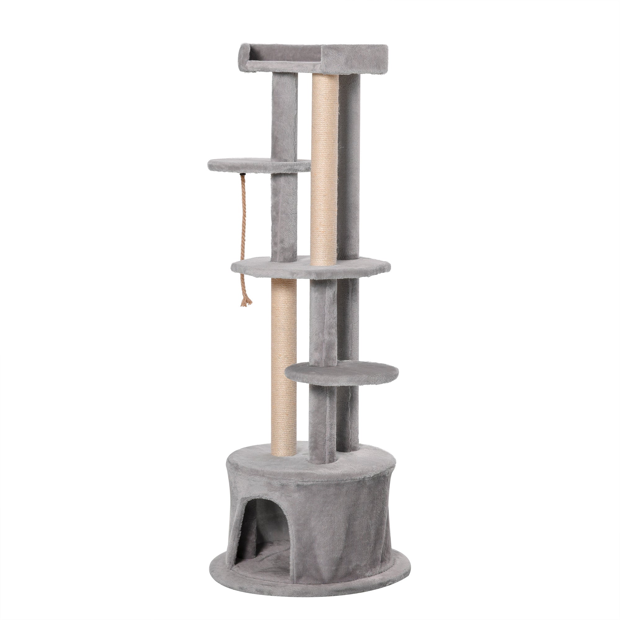 Gray plush cat tree with beige sisal scratching posts and cozy hideaway, perfect soft plush large house for indoor cats