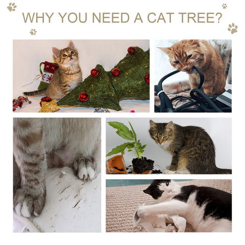 Green artificial christmas tree with red ornaments shown next to pawhut grey cat tree large house with hanging rope
