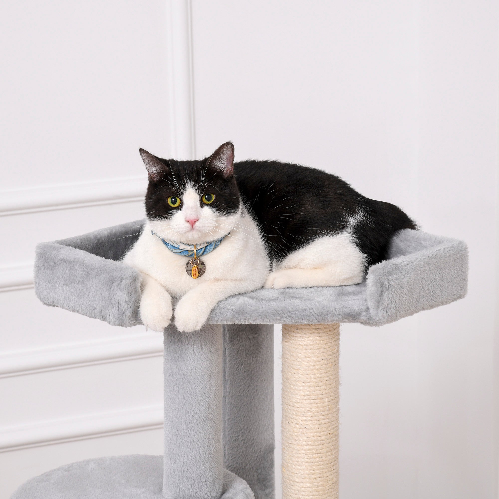 Gray plush cat tree with large house and sisal-wrapped scratching post for indoor cats and kittens