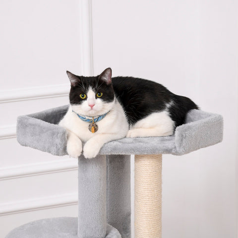 Gray plush cat tree with large house and sisal-wrapped scratching post for indoor cats and kittens