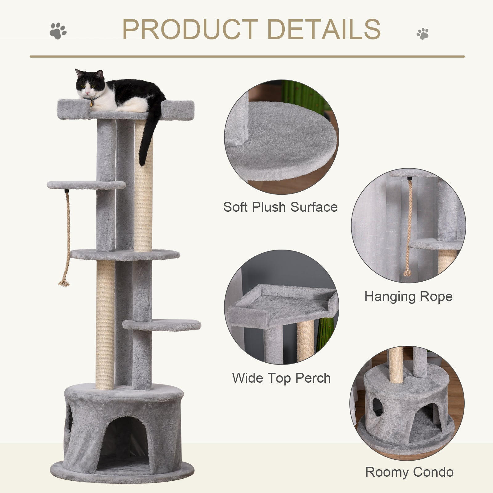 Gray plush cat tree with sisal scratching posts hanging rope soft plush multi-level large house for indoor cats