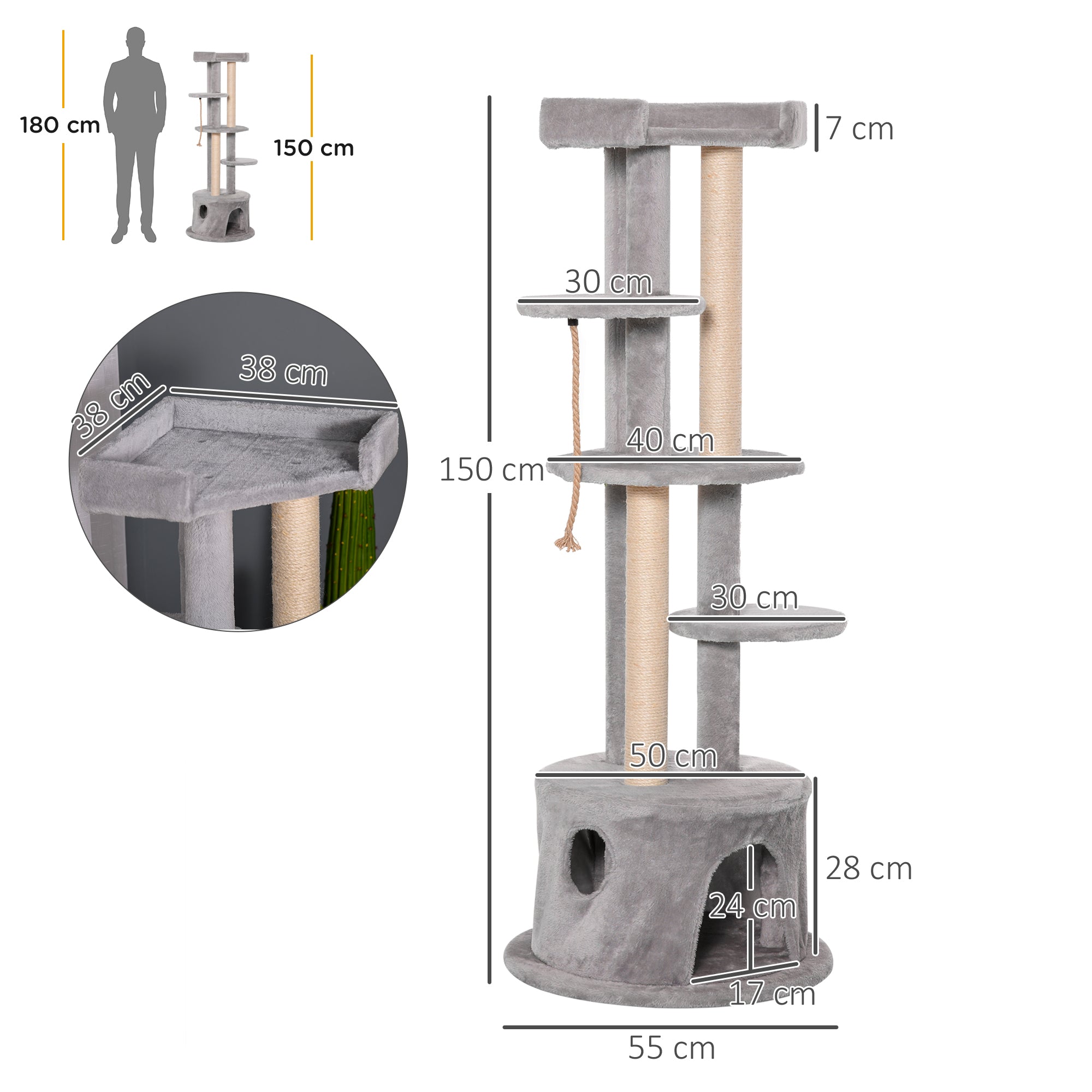 Gray pawhut cat tree with soft plush multi-level platforms scratching posts and cozy hideaway base for indoor cats