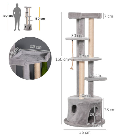 Gray pawhut cat tree with soft plush multi-level platforms scratching posts and cozy hideaway base for indoor cats